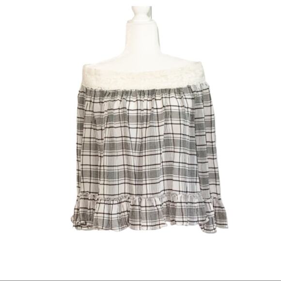 Ann Taylor LOFT Top Blouse Plaid Lace Off-The-Shoulder Top Blouse Size Medium - Picture 1 of 12